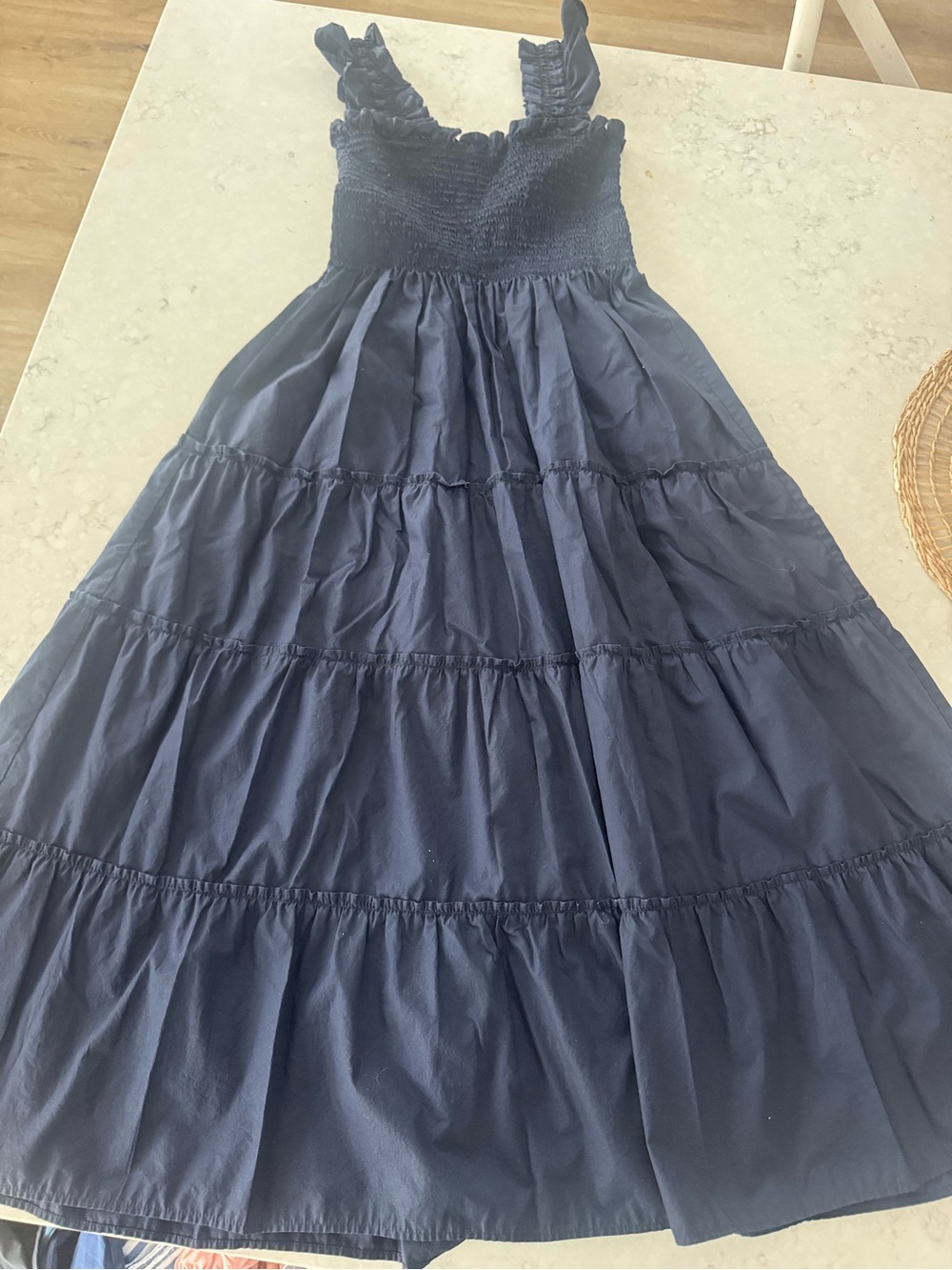 Smocked Tiered Navy MIDI Dress